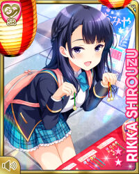  1girl black_eyes black_hair black_socks blue_bow blue_bowtie blue_skirt bow bowtie card_(medium) character_name full_body girlfriend_(kari) jacket loafers looking_at_viewer miniskirt official_art plaid_clothes plaid_skirt pleated_skirt qp:flapper school_uniform shirouzu_rikka shirt shoes skirt smile socks solo standing suspenders undressing white_shirt 