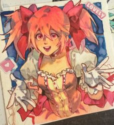  1girl bow commentary dress gloves hair_bow hashtag-only_commentary heart highres iria_arts kaname_madoka kaname_madoka_(magical_girl) mahou_shoujo_madoka_magica multiple_hair_bows open_mouth photo_(medium) pink_dress pink_eyes pink_hair puffy_short_sleeves puffy_sleeves red_bow short_sleeves short_twintails smile solo traditional_media twintails white_gloves yellow_dress 