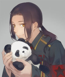  1boy armband axis_powers_hetalia breast_pocket brown_hair buttons china_(hetalia) closed_mouth collared_jacket fingernails green_jacket grey_background hands_up holding holding_stuffed_toy jacket kanmuri_(hanyifan30338) lips long_hair long_sleeves looking_at_viewer low_ponytail male_focus military military_jacket military_uniform musical_note_ornament pocket ponytail red_armband sidelocks simple_background smile solo star_(symbol) star_print stuffed_animal stuffed_panda stuffed_toy upper_body wide_sleeves yellow_eyes 