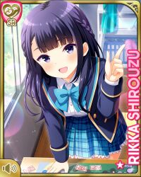  1girl black_eyes black_hair black_socks blue_bow blue_bowtie blue_skirt bow bowtie card_(medium) character_name full_body girlfriend_(kari) jacket loafers looking_at_viewer miniskirt official_art plaid_clothes plaid_skirt pleated_skirt qp:flapper school_uniform shirouzu_rikka shirt shoes skirt smile socks solo standing suspenders undressing white_shirt 