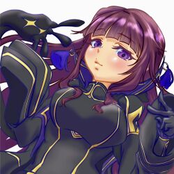  1girl absurdres black_bodysuit black_jacket black_scarf blunt_bangs bodysuit breasts canbem collar_tassel commentary_request eta_(kagejitsu) highres impossible_bodysuit impossible_clothes jacket kage_no_jitsuryokusha_ni_naritakute! kage_no_jitsuryokusha_ni_naritakute!_master_of_garden large_breasts long_hair long_sleeves looking_at_viewer open_clothes open_jacket purple_hair scarf sidelocks simple_background solo turtleneck turtleneck_bodysuit violet_eyes white_background wide_sleeves 