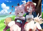  2girls ;d atelier_(series) atelier_sophie bangs bare_shoulders blouse blue_sky blush boots breasts brown_eyes brown_hair closed_mouth clouds cloudy_sky coat cornelia_(atelier) corset day eyebrows_visible_through_hair frilled_skirt frills head_scarf headpiece knees_together_feet_apart looking_at_viewer lying medium_breasts multiple_girls off_shoulder on_back one_eye_closed open_clothes open_coat open_mouth outdoors outstretched_arm pink_eyes red_skirt short_hair silver_hair sitting skirt sky smile sophie_neuenmuller tousaki_shiina tree white_blouse 