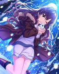  1girl :3 artist_request bangs blue_eyes boots brown_hair card_(medium) coat curly_hair dress dutch_angle earrings fur_trim holding ichinose_shiki idolmaster idolmaster_cinderella_girls jewelry looking_at_viewer night official_art one_eye_closed smile snow snowman solo tree 