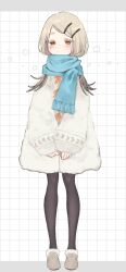  1girl :< black_pantyhose blonde_hair blue_scarf blush brown_shoes checkered_background closed_mouth coat colored_eyelashes commentary_request enpera flipped_hair full_body fur-trimmed_shoes fur_coat gakuen_idolmaster grey_hair hair_ornament hairclip half-closed_eyes highres i0i_sayuu idolmaster letterboxed long_hair looking_ahead multicolored_hair orange_eyes orange_ribbon outside_border oversized_clothes pantyhose parallel_hairclips parted_bangs ribbon scarf shinosawa_hiro shoes sleeves_past_wrists solo standing v_arms white_background white_coat wide_sleeves 