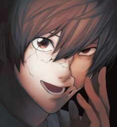  1boy arm_up black_background brown_eyes brown_hair commentary_request cracked_skin death_note double-parted_bangs highres looking_at_viewer lower_teeth_only male_focus open_mouth sanpaku short_hair smile solo space_youkai teeth yagami_light 