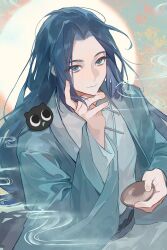  1boy absurdres animal_on_shoulder aqua_eyes aqua_jacket black_cat black_hair bowl cat cat_on_shoulder chinese_clothes chinese_commentary chunjinran000 closed_mouth commentary_request curtained_hair eyes_visible_through_hair fog hand_on_own_chin hanfu highres holding holding_bowl jacket long_hair long_sleeves luo_xiaohei luo_xiaohei_(cat) luo_xiaohei_zhanji male_focus open_clothes open_jacket parted_bangs sanpaku upper_body white_hanfu wide_sleeves wuxian_(the_legend_of_luoxiaohei) 