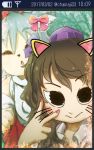  2017 2girls :o animal_ears artist_name bare_shoulders behind_another black_eyes border bow brown_hair camera cat_ears cellphone chamaji collarbone collared_shirt commentary_request dated detached_sleeves eyebrows_visible_through_hair eyes hat heart highres himekaidou_hatate inubashiri_momiji looking_at_viewer multiple_girls nail_polish open_mouth phone pom_pom_(clothes) self_shot shirt short_sleeves silver_hair smile snapchat time tokin_hat touhou twintails upper_body user_interface v v_over_eye whiskers wing_collar wolf_ears 
