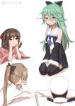  1boy 3girls admiral_(kantai_collection) akigumo_(kantai_collection) black_legwear black_ribbon blue_neckerchief blush brown_hair detached_sleeves drill_hair green_hair hair_between_eyes hair_ornament hair_ribbon hairclip hakama hands_on_own_face harukaze_(kantai_collection) hat japanese_clothes kantai_collection long_hair lying meiji_schoolgirl_uniform military military_uniform misumi_(niku-kyu) multiple_girls naval_uniform neckerchief on_stomach peaked_cap ponytail red_eyes ribbon school_uniform seiza sitting smile solo_focus thigh-highs twin_drills uniform white_hat yamakaze_(kantai_collection) 