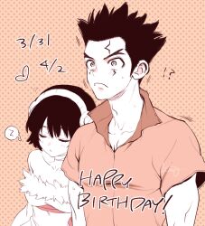  1boy 1girl bare_shoulders birthday black_hair blush breasts choker closed_eyes closed_mouth collarbone collared_shirt dated dr._stone dress embarrassed facial_mark fur-trimmed_dress fur_trim hairband happy_birthday head_on_another's_shoulder heart hetero leaning_on_person limited_palette ninomae_gin ogawa_yuzuriha ooki_taiju orange_shirt partially_colored polka_dot polka_dot_background shirt short_hair short_sleeves sleeping sleeping_upright spiky_hair strapless strapless_dress sweat upper_body zzz 
