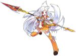  1girl ahoge ara_han ara_han_(celestial_fox) detached_sleeves elsword facial_mark fox_tail full_body holding holding_weapon long_hair official_art open_mouth polearm red_eyes ribbon silver_hair solo tail thigh-highs transparent_background weapon white_legwear white_ribbon 