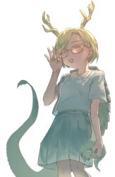  1girl adjusting_eyewear antlers bespectacled blonde_hair blue_shirt blue_skirt breasts brown-framed_eyewear brown_eyes commentary_request cowboy_shot dragon_tail glasses hakonnbo horns kicchou_yachie looking_at_viewer open_mouth otter otter_spirit_(touhou) shirt short_hair short_sleeves simple_background skirt small_breasts smile solo tail touhou turtle_shell white_background yellow_horns 