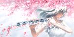  1girl bare_shoulders cherry_blossoms closed_eyes commentary dress flute instrument long_hair original petals solo watermark web_address wenqing_yan white_hair wind 
