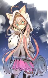  1girl animal_ears animal_hood artist_name bangs black_legwear cat_ears cat_girl cat_hood glaring hair_between_eyes hand_in_pocket hood hoodie koyoi_mitsuki long_hair looking_at_viewer parted_lips pink_skirt pleated_skirt rosia_(show_by_rock!!) shaded_face show_by_rock!! signature sketch skirt solo standing thigh-highs very_long_hair zettai_ryouiki 