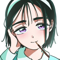  1girl alien_stage black_hair collared_shirt commentary commission english_commentary food food_in_mouth hairband highres mirdilean official_alternate_costume pocky pocky_day pocky_in_mouth portrait shirt short_hair smile solo sua_(alien_stage) tucking_hair violet_eyes white_hairband white_shirt 