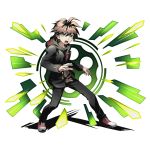  1boy ahoge alpha_transparency angry blazer brown_hair dangan_ronpa dangan_ronpa_1 divine_gate full_body green_eyes hood hoodie jacket layered_clothing looking_at_viewer male_focus naegi_makoto official_art open_mouth outstretched_arm shadow shoes short_hair sneakers solo standing transparent_background ucmm wide_stance 