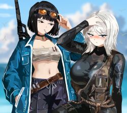  2girls beach belt bird blue_eyes blurry blurry_background blush breasts chest_sarashi choker cigarette clouds diving_suit faust_(project_moon) goggles goggles_on_head hand_on_headwear hangover highres jacket knees_out_of_frame large_breasts limbus_company looking_at_another looking_at_viewer molar_boatworks_(identity)_(project_moon) multiple_girls navel ocean olga_(project_moon) open_clothes open_jacket paulcamadonnas project_moon rain_(project_moon) red_eyes rope ryoshu_(project_moon) sarashi seagull small_breasts unlit_cigarette_in_mouth vest white_hair 
