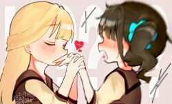  2girls blonde_hair blush brown_hair brown_sailor_collar closed_eyes commentary_request hair_ornament hair_scrunchie half_updo heart holding_hands kiss kissing_hand long_hair multiple_girls nekoyashiki_mayu nekoyashiki_yuki open_mouth pampamsuki precure sailor_collar scrunchie shirt side_ponytail wonderful_precure! yellow_shirt yuri 