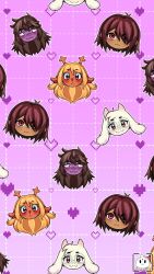  1boy 1other 2girls animal_ears antlers blonde_hair brown_hair buck_teeth carollilium colored_skin deer_antlers deer_ears deer_girl deltarune furry furry_female glasses goat_boy goat_ears goat_horns green-framed_eyewear grid_background heart highres horns kris_(deltarune) long_hair multiple_girls noelle_holiday pixel_heart portuguese_commentary purple_skin ralsei reptile_girl sharp_teeth short_hair susie_(deltarune) teeth utdr_(toby_fox) 