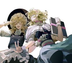  alice_margatroid apron black_skirt black_vest blonde_hair blue_eyes blue_skirt blue_vest book capelet closed_mouth fang frills from_below gloves grimoire_of_alice hairband hat highres holding holding_book kirisame_marisa locked_arms lolita_hairband looking_at_viewer medium_hair one_eye_closed parted_lips shirt short_sleeves skirt smile touhou v vest wavy_hair white_capelet white_gloves white_shirt witch_hat wrist_cuffs xian_qishui yellow_eyes 