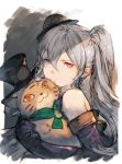  1girl bare_shoulders cat elbow_gloves gloves granblue_fantasy hat highres junwool mini_hat orchis red_eyes side_ponytail silver_hair stuffed_animal stuffed_toy 
