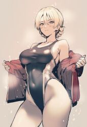  1girl ai-generated blonde_hair blush braid breasts collarbone competition_swimsuit covered_navel cowboy_shot darjeeling_(girls_und_panzer) girls_und_panzer groin highres jacket kobasan_(kobayashi3biker) looking_at_viewer muted_color off-shoulder_jacket off_shoulder one-piece_swimsuit red_jacket sideboob simple_background sketch solo swimsuit swimsuit_under_clothes thighs 