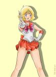  1girl bishoujo_senshi_sailor_moon blonde_hair blue_eyes bow breasts cosplay gundam medium_breasts mobile_suit_gundam namesake orange_skirt panties pink_bow sailor_senshi sailor_senshi_(cosplay) sayla_mass short_hair skirt solo taka-kun underwear 