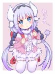  1girl backpack bag blue_eyes commentary_request dragon_girl dragon_horns dragon_tail hair_bobbles hair_ornament hairband highres horns kakizato kanna_kamui kobayashi-san_chi_no_maidragon lavender_hair looking_at_viewer low_twintails parted_lips randoseru sitting sketch slit_pupils solo tail thigh-highs translation_request twintails wariza white_legwear zettai_ryouiki 