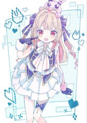  1girl 1me7nkc :o asymmetrical_gloves bare_arms black_gloves black_ribbon black_vest blunt_bangs blush bow bowtie brooch collared_shirt colored_inner_hair cropped_vest debitto_(makaino_ririmu) drill_hair feet_out_of_frame finger_to_cheek frilled_ribbon frilled_shirt frilled_skirt frilled_sleeves frills from_above fur-trimmed_gloves fur_trim gloves gold_trim grey_hair hair_intakes hair_over_shoulder hair_ribbon heart highres idol_clothes jewelry layered_skirt long_hair looking_at_viewer makaino_ririmu miniskirt mismatched_gloves multicolored_hair nijisanji nijisanji_idol_uniform official_alternate_costume open_clothes open_mouth open_vest pink_fur pink_hair pink_streaks pointy_ears red_eyes ribbon shirt sidelocks skirt solo standing streaked_hair stuffed_animal stuffed_rabbit stuffed_toy thigh_strap tiara two-tone_hair two_side_up vest virtual_youtuber white_bow white_bowtie white_fur white_shirt white_skirt 