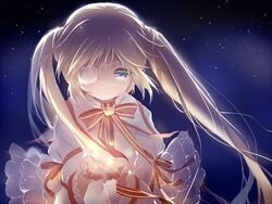  1girl ardbf crying eyepatch grey_eyes long_hair nakatsu_shizuru night night_sky rewrite school_uniform silver_hair sky smile solo star_(sky) starry_sky streaming_tears tears twintails 