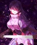  1girl artist_name bodysuit breasts fate/grand_order fate_(series) frown_(wonderland85711) gloves holding holding_sword holding_weapon japanese_clothes large_breasts long_hair looking_at_viewer minamoto_no_raikou_(fate/grand_order) puffy_sleeves purple_hair shaded_face smile solo sword violet_eyes weapon 