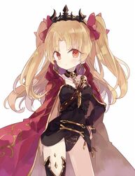  1girl bangs between_breasts black_dress black_legwear black_leotard blush bow breasts cloak closed_mouth dress ereshkigal_(fate/grand_order) eyebrows_visible_through_hair frown hair_bow hand_on_hip hood hooded_cloak leotard long_hair looking_at_viewer parted_bangs phoenix0 pink_bow short_dress simple_background single_thighhigh skull small_breasts solo standing strap_cleavage sweatdrop thigh-highs tohsaka_rin two_side_up white_background 