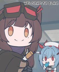  2girls ancestors_need_you_to_lock_in_son_(meme) beret blue_gloves blue_hair brown_hair chibi cigarette colphne_(girls'_frontline_2) english_text girls'_frontline_2:_exilium girls_frontline gloves goggles goggles_on_head hat highres holding holding_cigarette incoming_gift looking_at_viewer mayling_shen_(girls'_frontline_2) meme mole mole_under_eye multiple_girls one_side_up risu_(risu028) smile smoke smoking white_gloves white_hat 