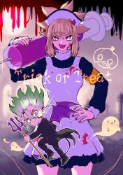  1boy 1girl apron armband bat_wings blonde_hair blood blood_on_clothes blood_on_face breasts crossdressing demon_tail demon_wings dr._stone dress fangs ghost green_hair hair_between_eyes hair_ornament halloween halloween_costume hand_on_own_hip hat highres holding holding_syringe holding_weapon ishigami_senkuu kohaku_(dr._stone) looking_at_viewer multicolored_hair ninomae_gin nurse nurse_cap open_mouth oversized_object polearm smile spiky_hair star_(symbol) star_hair_ornament suika_(dr.stone) syringe tail vampire weapon wings yellow_eyes 