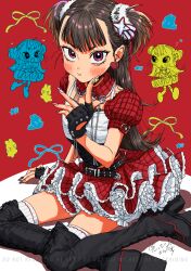 1girl :3 :t absurdres belt belt_buckle belted_skirt black_belt black_boots black_corset black_gloves bloomers blue_ribbon blunt_bangs blush boots breasts brown_hair buckle center-flap_bangs chibi chibi_inset collar commission corset detached_collar detached_sleeves doodle_inset double-parted_bangs earrings fake_nails fashion fingerless_gloves fingernails frilled_collar frilled_skirt frills glove_belt gloves hair_ornament hairclip hand_on_floor hand_on_own_cheek hand_on_own_face heart heart_earrings high_heel_boots high_heels highres index_finger_raised jewelry lace-up_boots layered_clothes layered_skirt long_fingernails looking_at_viewer looking_up miniskirt mole mole_above_eye mole_on_cheek mole_under_eye multicolored_eyes multicolored_nails multiple_moles open_mouth original petticoat pink_eyes plaid_clothes plaid_collar plaid_skirt plaid_sleeves platform_boots platform_heels pom_pom_(clothes) pout puffy_cheeks puffy_short_sleeves puffy_sleeves rabbit red_background red_collar red_skirt red_sleeves ribbon sanpaku shirt shooting_star_(symbol) short_eyebrows short_sleeves signature sitting skima_commission skirt small_breasts smile solo spaghetti_strap star_(symbol) star_hair_ornament star_print strap studded_gloves thigh-highs thigh_boots tsurime two-tone_eyes two_side_up v-shaped_eyebrows violet_eyes waratteiru_kara_da watermark white_bloomers white_ribbon white_shirt white_thighhighs yellow_ribbon yokozuwari zettai_ryouiki