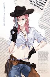 1girl alternate_costume belt black_gloves black_hat blue_pants breasts brown_belt collared_shirt cowboy_hat cowboy_shot denim earrings facial_mark forehead_mark fringe_trim gloves green_eyes gun hand_on_own_hip handgun haruno_sakura hat highres hngbo652804 holding holding_gun holding_weapon hoop_earrings jeans jewelry medium_breasts medium_hair midriff naruto_(series) navel necklace newsprint_background pants pink_hair shirt sleeves_rolled_up solo tied_shirt torn_clothes torn_pants weapon white_shirt 