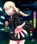  1girl absurdres alternate_costume blonde_hair fate_(series) highres jacket long_hair looking_at_viewer maelliures outstretched_hand saber saber_alter shorts smile solo thighs yellow_eyes 