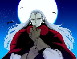  1boy akitaka_(s_asai) bat_(animal) brown_gloves chrono_trigger cloak closed_mouth earrings full_moon gloves grey_hair grey_skirt hair_slicked_back jewelry long_hair looking_at_viewer magus_(chrono_trigger) male_focus moon night night_sky outdoors pale_skin pointy_ears red_cloak red_eyes skirt sky solo straight_hair tooth_earrings widow's_peak 