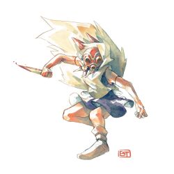  1girl armlet bare_arms blood blood_on_knife cape commentary dagger dress english_commentary full_body highres holding holding_dagger holding_knife holding_weapon hood hood_up hooded_cape jewelry knife mask mononoke_hime necklace purple_dress san_(mononoke_hime) short_dress simple_background skelinor socks solo tooth_necklace vest weapon white_background white_cape white_socks white_vest 