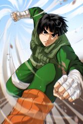  1boy bagyuli271 bandaged_arm bandaged_hand bandaged_leg bandages black_hair blunt_bangs bodysuit bowl_cut clenched_hands fighting_stance flak_jacket foot_out_of_frame frown furrowed_brow green_bodysuit green_vest highres incoming_attack incoming_punch jacket leg_warmers male_focus naruto_(series) orange_leg_warmers punching rock_lee short_hair solo thick_eyebrows vest 