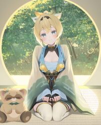  1girl ahoge black_hairband black_shrug blonde_hair bow breasts chest_sarashi closed_mouth commentary_request covered_navel crossed_bangs day double-parted_bangs full_body hair_between_eyes hair_bow hairband hakama hakama_short_skirt hakama_skirt haori highres hololive indoors japanese_clothes kazama_iroha kazama_iroha_(1st_costume) looking_at_viewer medium_breasts medium_hair pokobee ponytail ryuya sarashi seiza shrug_(clothing) sitting skin_tight skirt smile solo tabi thigh-highs thigh_strap virtual_youtuber white_thighhighs yellow_haori 