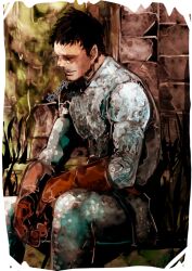  1boy armor black_hair border brick_wall brown_gloves chainmail commentary_request crestfallen_warrior dark_souls_(series) dark_souls_i feet_out_of_frame gloves grass male_focus open_mouth short_bangs short_hair sitting solo umeyama_(toma23) white_border 