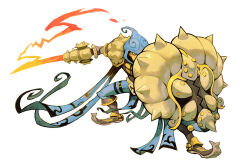  1boy armor boots charge_blade crossover fire flaming_weapon garrett_hanna gloves holding holding_shield holding_sword holding_weapon hood hood_up leg_belt monster_hunter_(series) omastar pelvic_curtain pointed_footwear pokemon shield shoulder_armor solo spikes sword weapon 