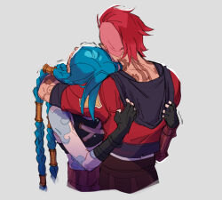 2girls absurdres arcane:_league_of_legends arcane_jinx arcane_vi arm_tattoo asymmetrical_hair back_tattoo black_gloves blue_hair braid cass-a-rollie cloud_tattoo commentary elbow_gloves english_commentary fingerless_gloves gloves highres hip_tattoo hood hoodie hug jinx_(league_of_legends) league_of_legends low_twin_braids multiple_girls neck_tattoo red_hair red_hoodie short_sleeves shoulder_tattoo siblings sidecut sisters tattoo trembling twin_braids undercut vi_(league_of_legends) 