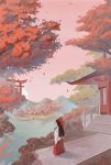 1girl architecture bow brown_hair east_asian_architecture from_behind from_side hair_bow hakurei_reimu leaf long_hair nana_(13054942) red_bow red_skirt scenery skirt sky solo stairs standing sun torii touhou tree water wide_sleeves 