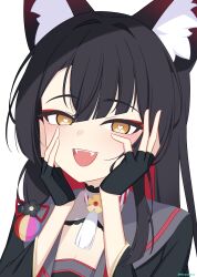  1girl :d absurdres animal_ears black_flower black_gloves black_hair blue_archive blush excited eyeshadow fangs fingerless_gloves flower fox_ears fox_girl gloves hair_between_eyes hair_flower hair_ornament hands_on_own_cheeks hands_on_own_face heart heart-shaped_pupils highres long_hair looking_at_viewer makeup red_eyeshadow red_hair siranui_desu smile solo symbol-shaped_pupils upper_body very_long_hair wakamo_(blue_archive) yandere_trance yellow_eyes 