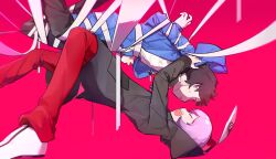  2boys amasawa_keisuke black_hair black_jacket blue_coat blue_jacket bound coat digimon digimon_story:_cyber_sleuth digimon_story:_cyber_sleuth_-_hacker's_memory heijibenji highres implied_yaoi jacket male_focus mask multiple_boys nogi_yuu pants purple_hair red_pants shirt short_hair simple_background smile suspension tied_up_(nonsexual) unworn_mask white_shirt 