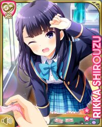  1girl black_eyes black_hair black_socks blue_bow blue_bowtie blue_skirt bow bowtie card_(medium) character_name full_body girlfriend_(kari) jacket loafers looking_at_viewer miniskirt official_art plaid_clothes plaid_skirt pleated_skirt qp:flapper school_uniform shirouzu_rikka shirt shoes skirt smile socks solo standing suspenders undressing white_shirt 