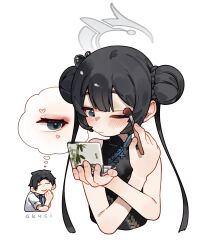  1boy 1girl applying_makeup black_dress black_hair blue_archive blue_archive_the_animation blue_eyes blue_necktie china_dress chinese_clothes closed_eyes closed_mouth collared_shirt commentary double_bun dress english_commentary eyeshadow hair_bun hair_ornament halo heart highres holding kani_fish kisaki_(blue_archive) long_hair makeup makeup_brush makeup_palette necktie one_eye_closed red_eyeshadow sensei_(blue_archive) sensei_(blue_archive_the_animation) shirt simple_background sleeveless sleeveless_dress smile solo_focus twintails white_background white_shirt 