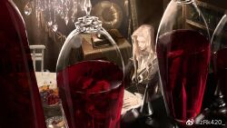  024_(1a41a4) 1boy alcohol black_jacket chandelier closed_eyes closed_mouth cup drinking_glass fate/apocrypha fate_(series) food fruit grapes heart_(organ) highres indoors jacket jar long_hair long_sleeves male_focus orange_(fruit) orange_slice phonograph pomegranate solo table vlad_iii_(fate/apocrypha) wide_shot wine wine_glass 