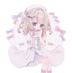  1girl :o absurdres beret blunt_bangs blush bow buttons colored_inner_hair double-breasted dress fang feet_out_of_frame floral_print grey_hair hair_bow hair_intakes hair_ornament hair_over_shoulder hair_tie hairpin hand_to_own_mouth hat heart heart_hair_ornament highres invisible_chair kuma_kubo3 long_hair looking_at_viewer makaino_ririmu multicolored_hair necktie nijisanji official_alternate_costume official_alternate_hairstyle parted_lips pink_bow pink_hair pink_streaks plaid_clothes plaid_necktie pleated_skirt pointy_ears puffy_short_sleeves puffy_sleeves purple_bow purple_necktie purple_skirt red_eyes ribbon sailor_collar school_uniform short_sleeves side_slit sidelocks sitting skin_fang skirt skirt_under_dress solo streaked_hair striped_bow two-tone_hair two_side_up vertical-striped_background virtual_youtuber waist_ribbon white_background white_dress white_hat white_ribbon white_sailor_collar winged_hair_ornament x_hair_ornament 